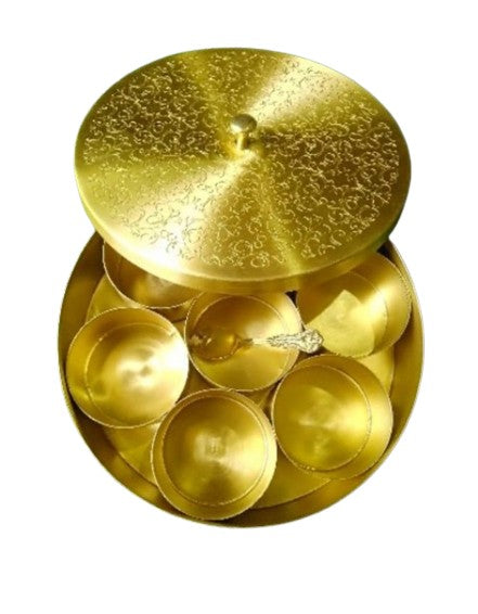 brass carved round spice box with 7 containers and 1 spoon perfect